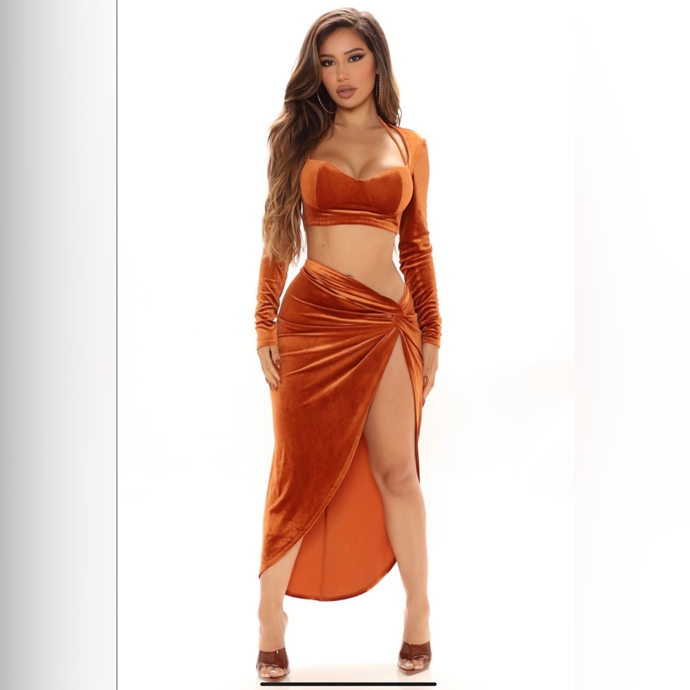 Aria Velvet Skirt Set- Copper
